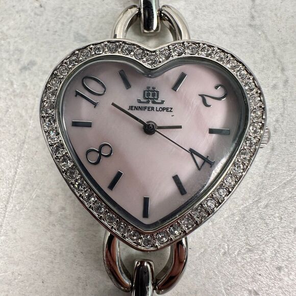 JLO Watch Womens 33mm Heart Pink MOP Dial Pave Bezel Silver Tone New Battery - Picture 4 of 8